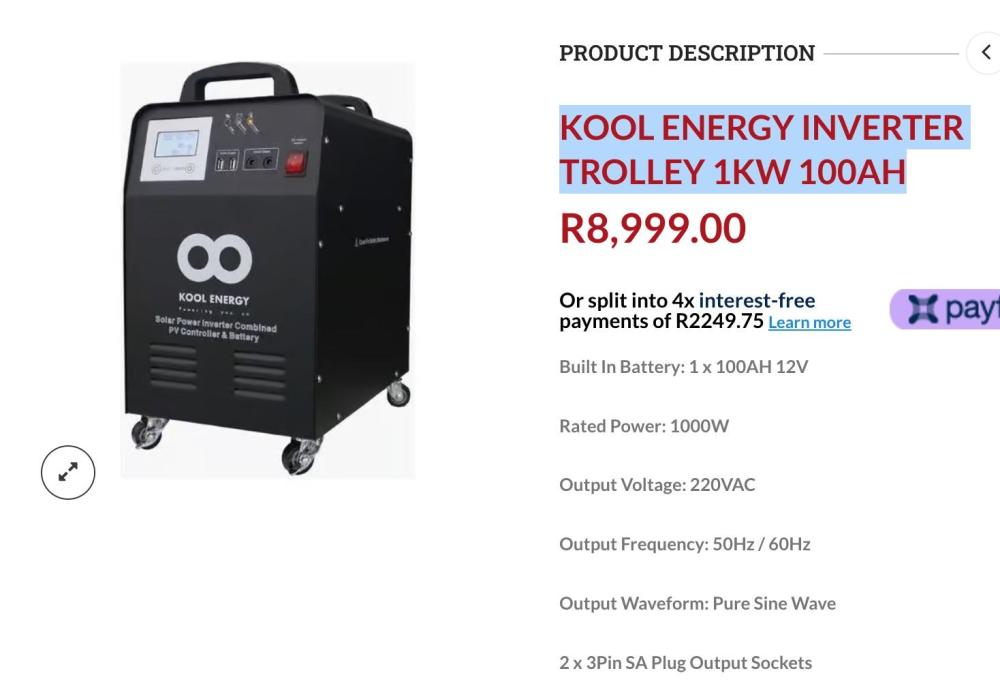 KOOL Energy Inverter Trolley 1KW 100AH Replace the Gel battery with a